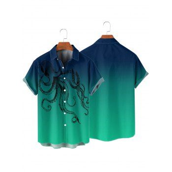 Octopus Print V Neck High Waist Spaghetti Strap Dress and Roll Up Sleeve Shirt Hawaii Outfit