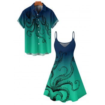 Octopus Print V Neck High Waist Spaghetti Strap Dress and Roll Up Sleeve Shirt Hawaii Outfit