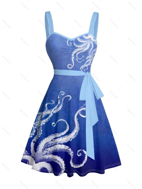 Robe de plage courte à volants et col en cœur, motif pieuvre, ceinture et buste froncé - Bleu profond XXXXXL | US 20