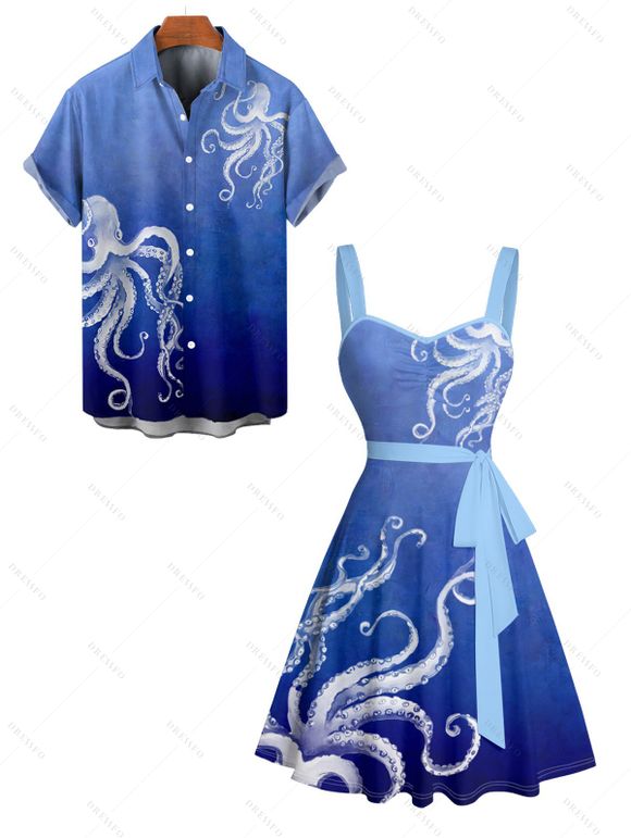 Vacation Couple Outfit Octopus Pattern Ruched Bust Belt Sweetheart Neck A Line Mini Dress and Button Up Shirt Beach Matching Outfit - Bleu profond S | US 4