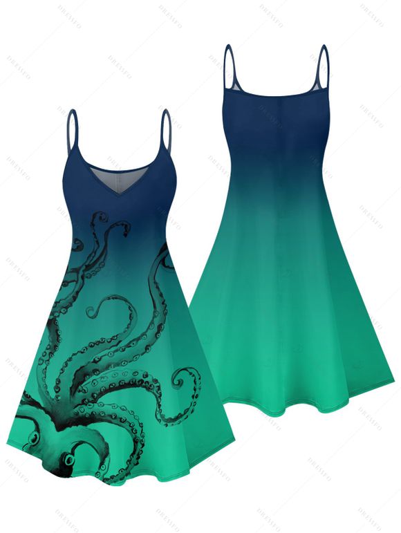 Robe d'été à bretelles spaghetti, taille haute, col en V, imprimé poulpe, sans manches, coupe trapèze - Vert profond XXXXXL | US 20