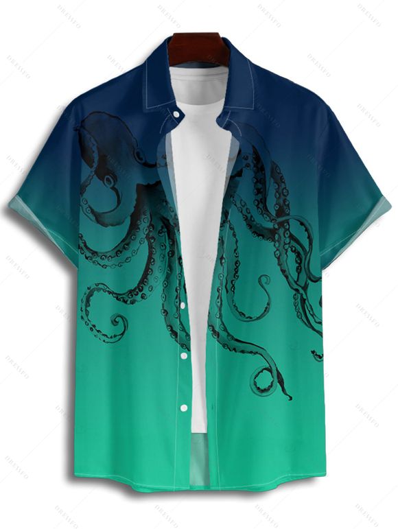 Chemise à manches retroussables et imprimé poulpe pour homme, chemise décontractée boutonnée à manches courtes - Vert profond 5XL