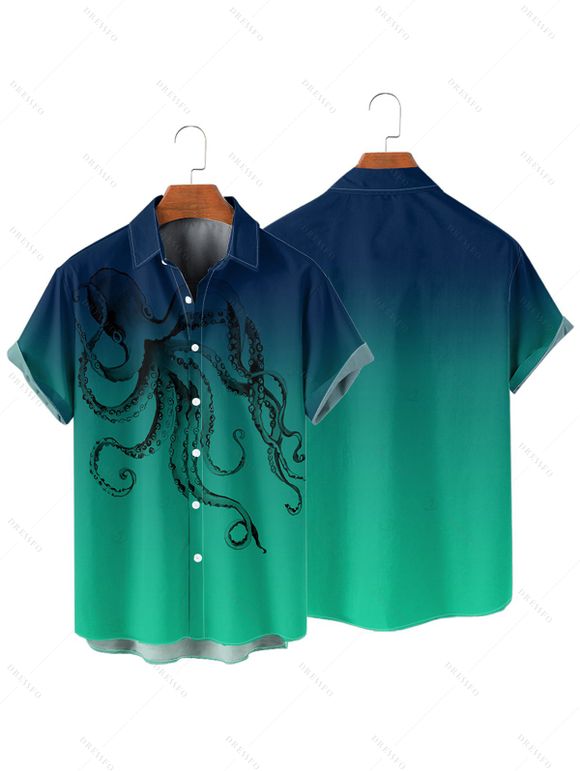 Chemise à manches retroussables et imprimé poulpe pour homme, chemise décontractée boutonnée à manches courtes - Vert profond 5XL