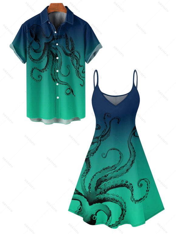 Octopus Print V Neck High Waist Spaghetti Strap Dress and Roll Up Sleeve Shirt Hawaii Outfit - Vert profond S | US 4