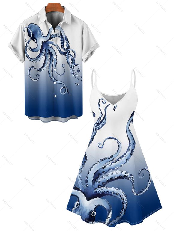 Octopus Print V Neck High Waist Spaghetti Strap Dress and Roll Up Sleeve Shirt Hawaii Outfit - Bleu clair S | US 4