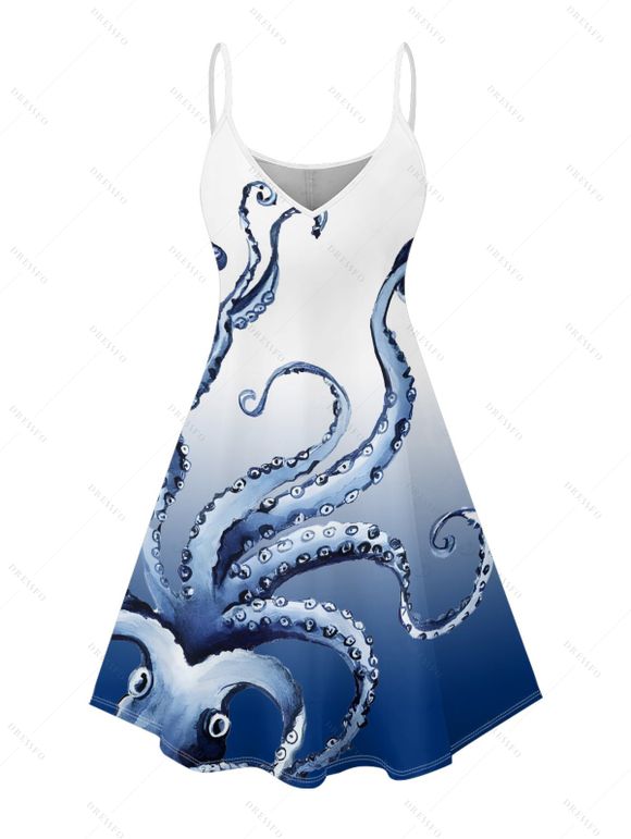 Octopus Print V Neck High Waist Spaghetti Strap Dress and Roll Up Sleeve Shirt Hawaii Outfit - Bleu clair S | US 4