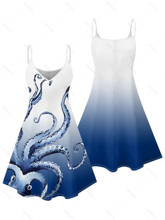 Octopus Print V Neck High Waist Spaghetti Strap Dress and Roll Up Sleeve Shirt Hawaii Outfit - Bleu clair S | US 4