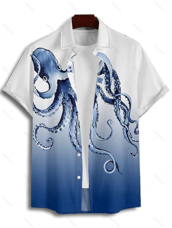 Octopus Print V Neck High Waist Spaghetti Strap Dress and Roll Up Sleeve Shirt Hawaii Outfit - Bleu clair S | US 4