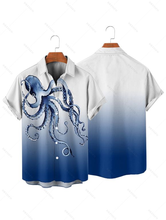 Octopus Print V Neck High Waist Spaghetti Strap Dress and Roll Up Sleeve Shirt Hawaii Outfit - Bleu clair S | US 4