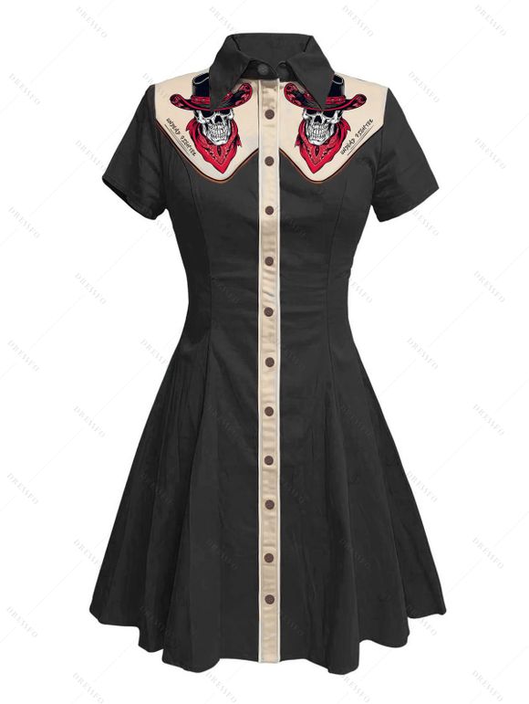 Robe gothique à col rabattu et manches courtes, style squelette avec chapeau de cowboy, couleur contrastée, 100 % coton, coupe trapèze - Noir XXXXXL | US 20