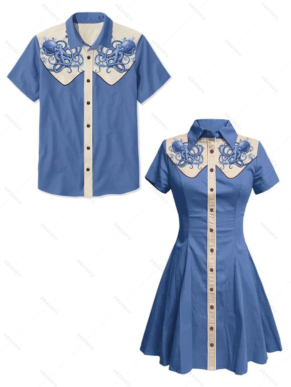 Vacation Couple Outfit Octopus Pattern Contrast Color Turn Down Collar Dress and Button Up Shirt Beach Matching Outfit - Bleu gris S | US 4