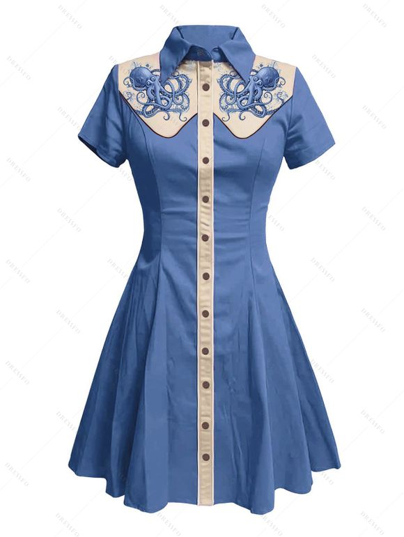 Robe de vacances à motif pieuvre, couleur contrastée, col rabattu, manches courtes, robe de plage trapèze - Bleu gris XXXXXL | US 20