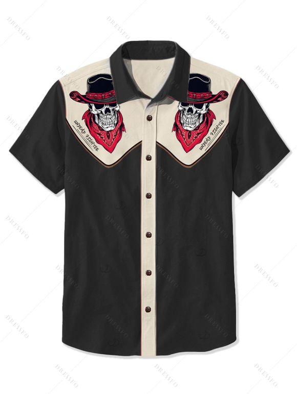 Chemise gothique à col rabattu et boutons pour homme, motif squelette avec chapeau de cowboy, couleur contrastée, 100 % coton, idéale pour les vacances - Noir 5XL