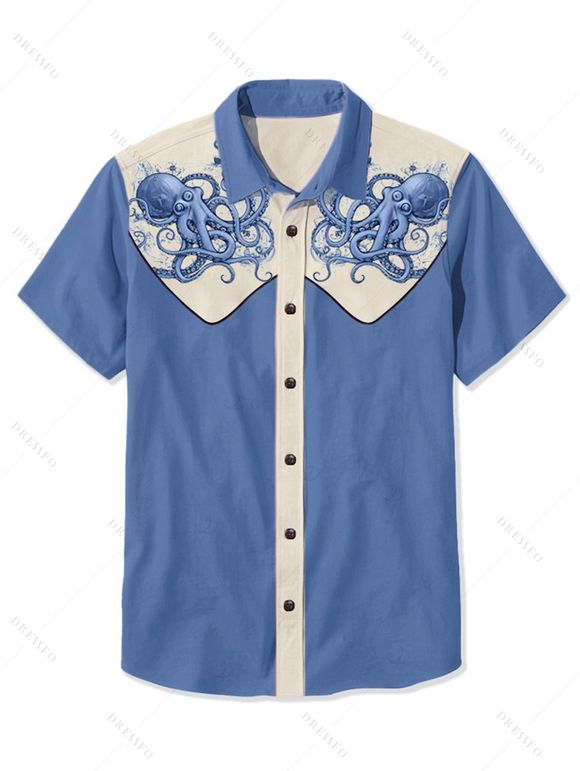 Chemise de vacances à motif pieuvre pour homme, couleur contrastée, boutonnée, col rabattu, décontractée - Bleu gris 5XL