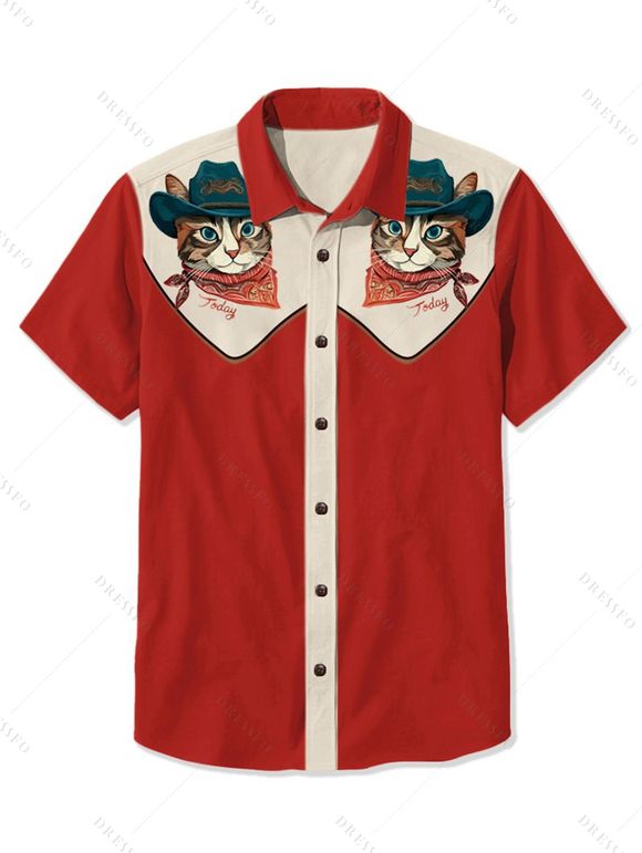 Chemise de vacances pour homme, motif chat avec chapeau, couleur contrastée, 100 % coton, col rabattu, boutonnée, décontractée - Rouge 5XL