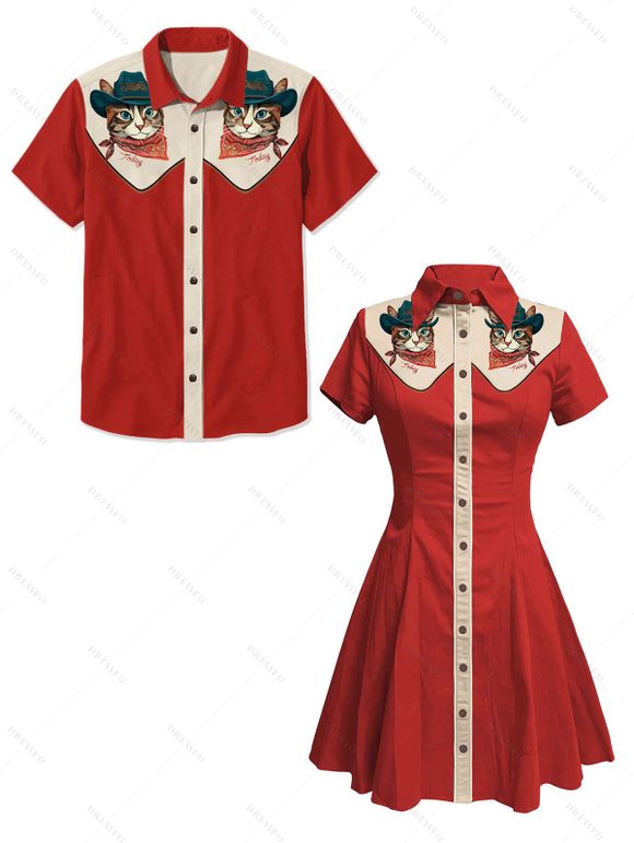 Vacation Couple Outfit Cat with Hat Pattern Contrast Color 100% Cotton Turn Down Collar Dress and Button Up Shirt Casual Matching Outfit - Rouge S | US 4