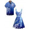 Vacation Couple Outfit Octopus Pattern Ruched Bust Belt Sweetheart Neck A Line Mini Dress and Button Up Shirt Beach Matching Outfit - Bleu profond S | US 4