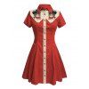 Robe de vacances à motif chat avec chapeau, couleur contrastée, 100 % coton, col rabattu, manches courtes, coupe trapèze - Rouge XXXXXL | US 20