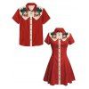 Vacation Couple Outfit Cat with Hat Pattern Contrast Color 100% Cotton Turn Down Collar Dress and Button Up Shirt Casual Matching Outfit - Rouge S | US 4