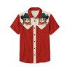 Vacation Couple Outfit Cat with Hat Pattern Contrast Color 100% Cotton Turn Down Collar Dress and Button Up Shirt Casual Matching Outfit - Rouge S | US 4