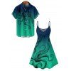 Octopus Print V Neck High Waist Spaghetti Strap Dress and Roll Up Sleeve Shirt Hawaii Outfit - Vert profond S | US 4