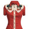 Robe de vacances à motif chat avec chapeau, couleur contrastée, 100 % coton, col rabattu, manches courtes, coupe trapèze - Rouge XL | US 12