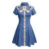 Robe de vacances à motif pieuvre, couleur contrastée, col rabattu, manches courtes, robe de plage trapèze - Bleu gris XXXXXL | US 20