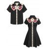 Gothic Couple Outfit Skeleton with Cowboy Hat Pattern Contrast Color 100% Cotton Turn Down Collar Dress and Button Up Shirt Vacation Matching Outfit - Noir S | US 4