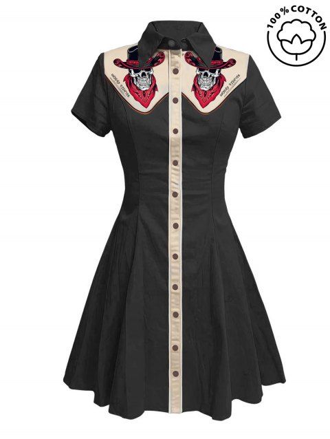 Skeleton with Cowboy Hat Contrast Color Gothic Dress 100% Cotton Turn Down Collar Short Sleeve A Line Dress