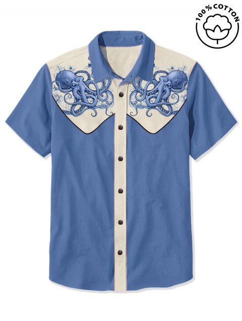 Chemise de vacances à motif pieuvre pour homme, couleur contrastée, boutonnée, col rabattu, décontractée