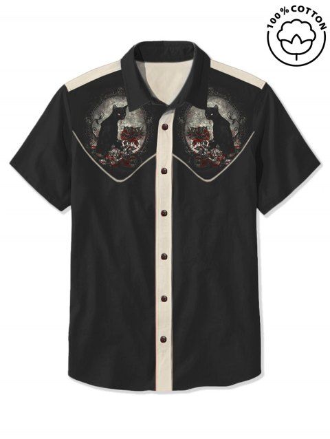 Chemise de vacances pour homme, motif chat avec chapeau, couleur contrastée, 100 % coton, col rabattu, boutonnée, décontractée