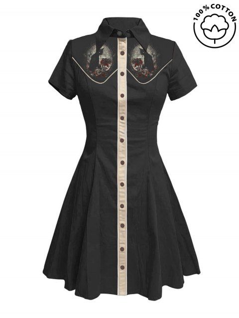 Robe de vacances à motif chat avec chapeau, couleur contrastée, 100 % coton, col rabattu, manches courtes