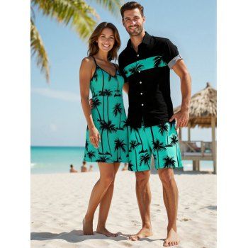 Vacation Style Palm Tree Printed Strapless Dress with Mens Short Sleeve Shirt and Mens Beach Pants Three Piece Set