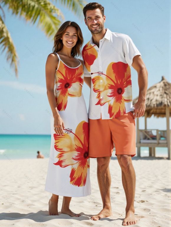 Vacation Couple Outfit Tropical Floral Pattern Spaghetti Strap Pocket A Line Long Dress and Roll Up Sleeve Solid Color Drawstrings Shorts Matching Outfit - Orange S | US 4