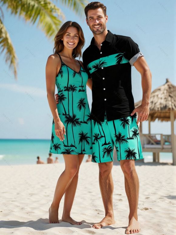 Vacation Style Palm Tree Printed Strapless Dress with Mens Short Sleeve Shirt and Mens Beach Pants Three Piece Set - Vert profond S | US 4