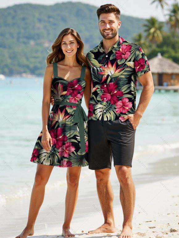 Vacation Couple Outfit Tropical Floral Leaf Pattern Ruched Bust Belt Dress and Button Up Shirt Hawaii Matching Outfit - BLACK S | US 4