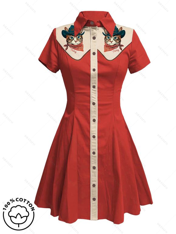 Robe de vacances à motif chat avec chapeau, couleur contrastée, 100 % coton, col rabattu, manches courtes, coupe trapèze - Rouge S | US 4