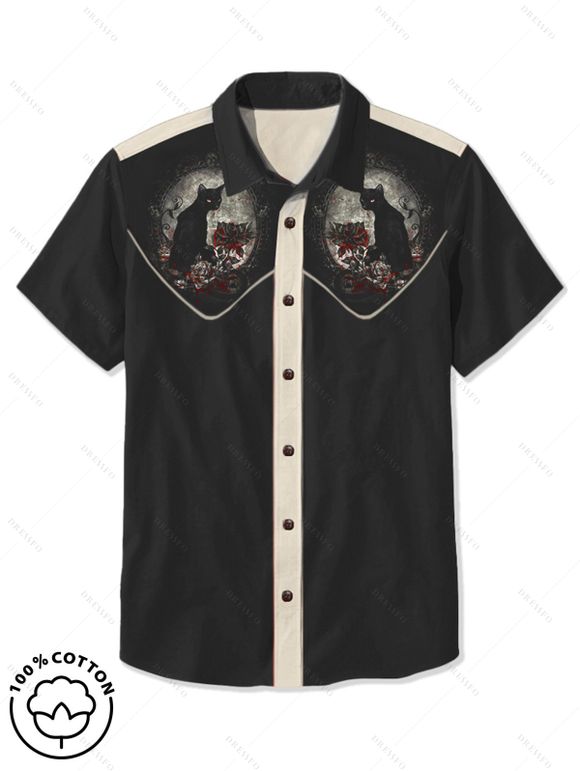 Men's Cat with Hat Pattern Contrast Color Vacation Shirt 100% Cotton Button Up Turn Down Collar Casual Shirt - BLACK S
