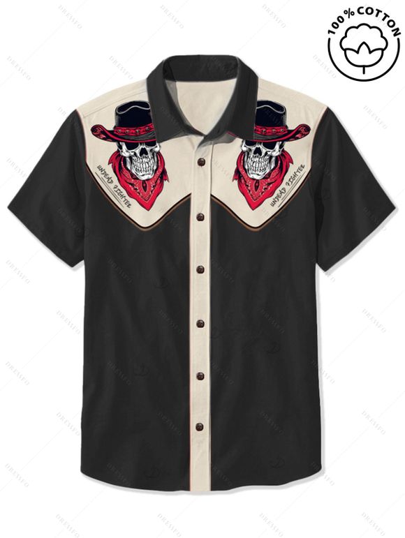 Chemise gothique à col rabattu et boutons pour homme, motif squelette avec chapeau de cowboy, couleur contrastée, 100 % coton, idéale pour les vacances - Noir M