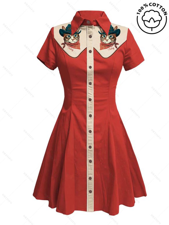 Robe de vacances à motif chat avec chapeau, couleur contrastée, 100 % coton, col rabattu, manches courtes, coupe trapèze - Rouge XL | US 12
