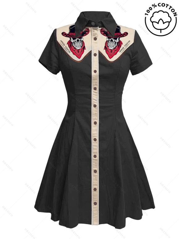 Robe gothique à col rabattu et manches courtes, style squelette avec chapeau de cowboy, couleur contrastée, 100 % coton, coupe trapèze - Noir S | US 4