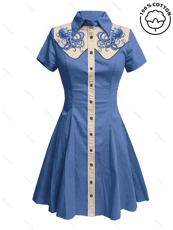 Robe de vacances à motif pieuvre, couleur contrastée, col rabattu, manches courtes, robe de plage trapèze - Bleu gris S | US 4