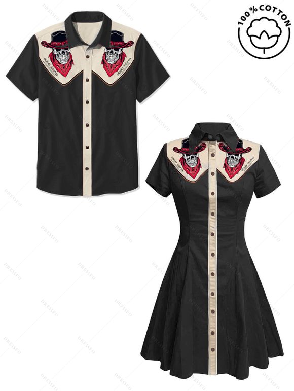 Gothic Couple Outfit Skeleton with Cowboy Hat Pattern Contrast Color 100% Cotton Turn Down Collar Dress and Button Up Shirt Vacation Matching Outfit - Noir S | US 4