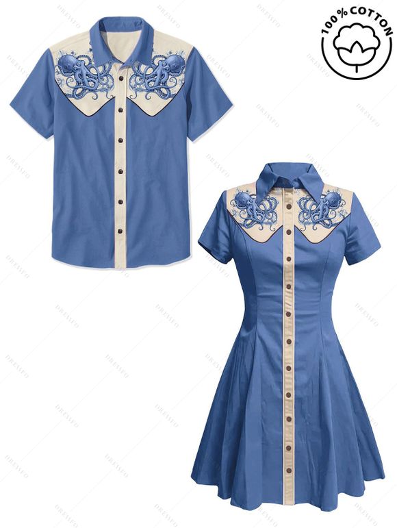 Vacation Couple Outfit Octopus Pattern Contrast Color Turn Down Collar Dress and Button Up Shirt Beach Matching Outfit - Bleu gris S | US 4