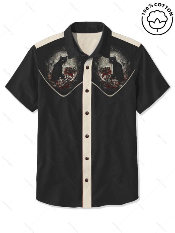 Chemise de vacances pour homme, motif chat avec chapeau, couleur contrastée, 100 % coton, col rabattu, boutonnée, décontractée - Noir 5XL