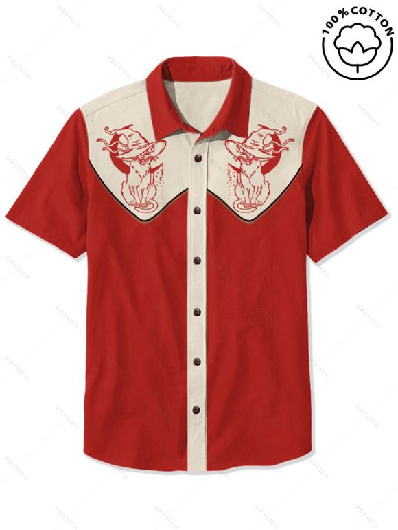 Chemise homme à motif chat avec chapeau, couleur contrastée, 100 % coton, col rabattu, boutonnée, décontractée - Rouge 5XL