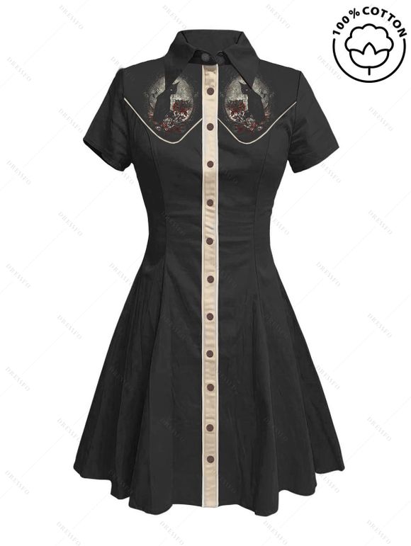 Robe de vacances à motif chat avec chapeau, couleur contrastée, 100 % coton, col rabattu, manches courtes - Noir XXXXXL | US 20