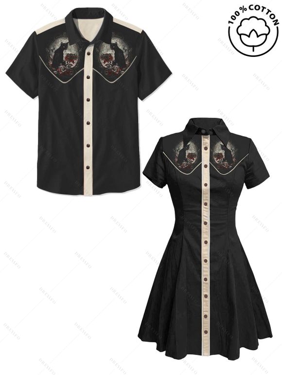 Gothic Couple Outfit Skeleton with Cowboy Hat Pattern Contrast Color 100% Cotton Turn Down Collar Dress and Button Up Shirt Matching Outfit - Noir S | US 4