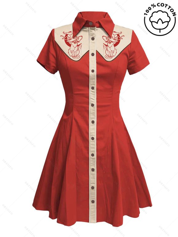 Robe de vacances à motif chat avec chapeau, 100 % coton, col rabattu, manches courtes, coupe trapèze - Rouge XXXXXL | US 20