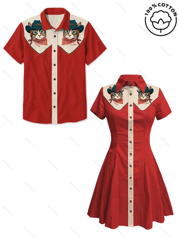 Vacation Couple Outfit Cat with Hat Pattern Contrast Color 100% Cotton Turn Down Collar Dress and Button Up Shirt Casual Matching Outfit - Rouge S | US 4